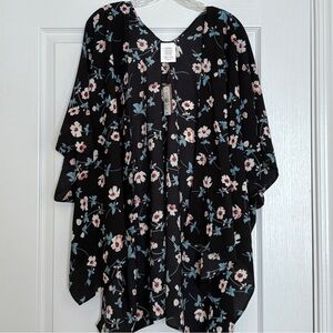 Women's Kimono Open Front Black Floral Boho One Size
